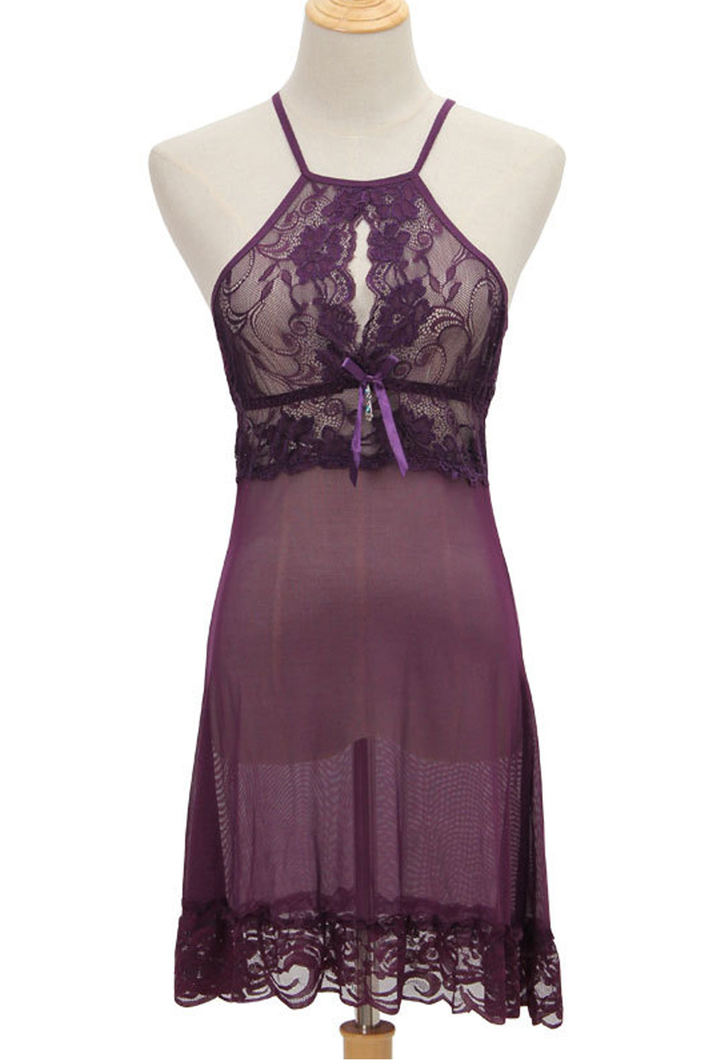 Women Blackish Colored Elegant Style Halter Neck Lace Hem Lingerie