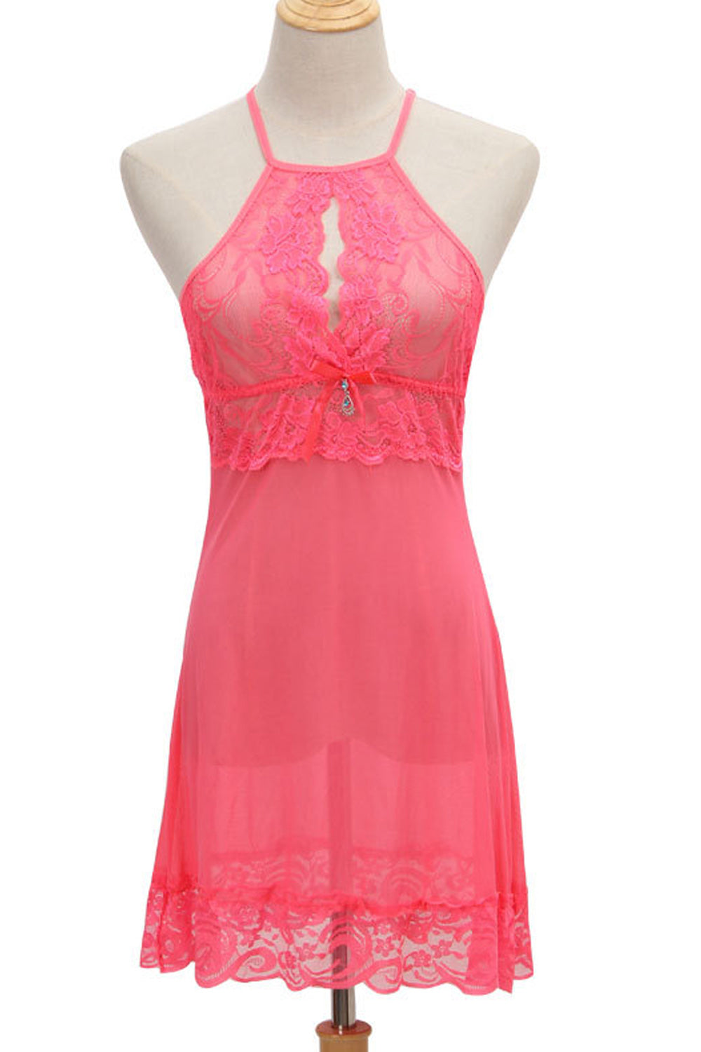 Women Blackish Colored Elegant Style Halter Neck Lace Hem Lingerie
