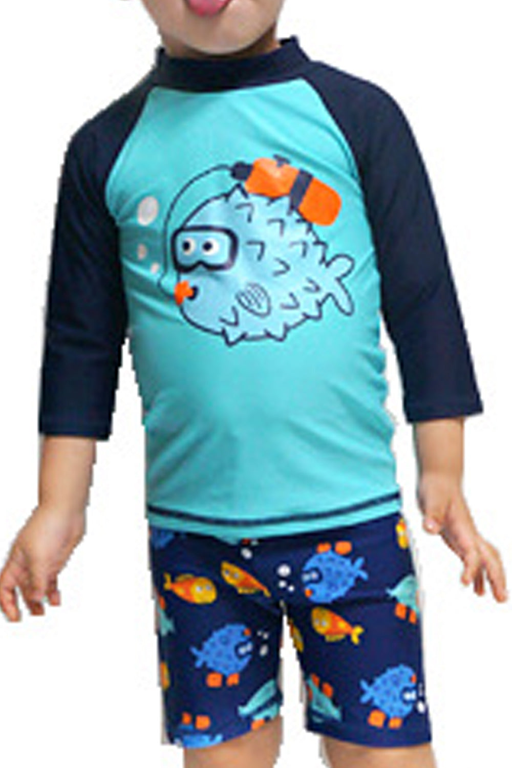 Kids Boys Long Sleeve Sunscreen Lovely Fish Printed Elastic Waist Swimwear Set
