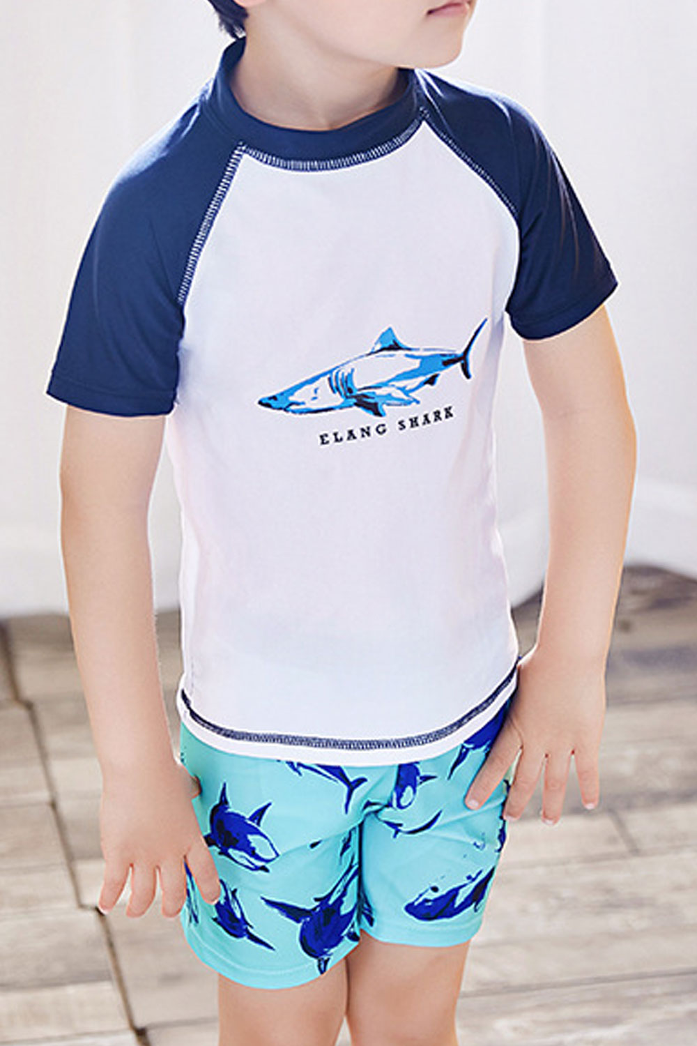 Kids Boys Stylish Shark Printed Two Piece Lightweight Short Sleeve Swimwear Set