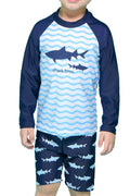 Kids Boys Stylish Shark Printed long Sleeve Elasticated Waistband Summer Swimwear Set