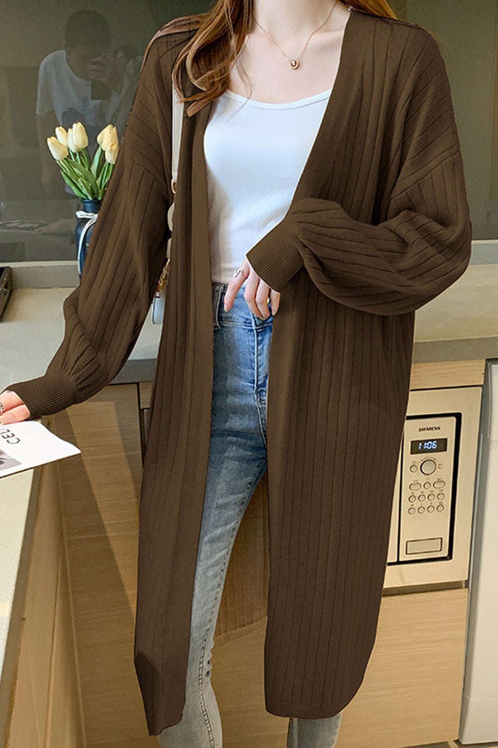Women Knitted Long Sleeve Elegant Solid Colored Front Open Winter Warm Casual Cardigan