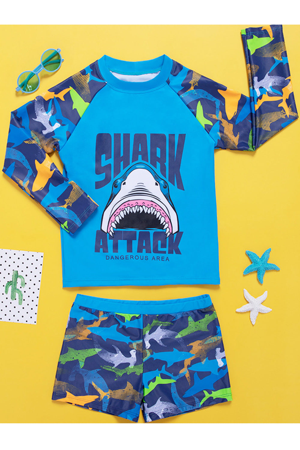 Kids Boys Long Sleeve Shark Printed Stylish Summer Elasticated Waist Swimwear Set