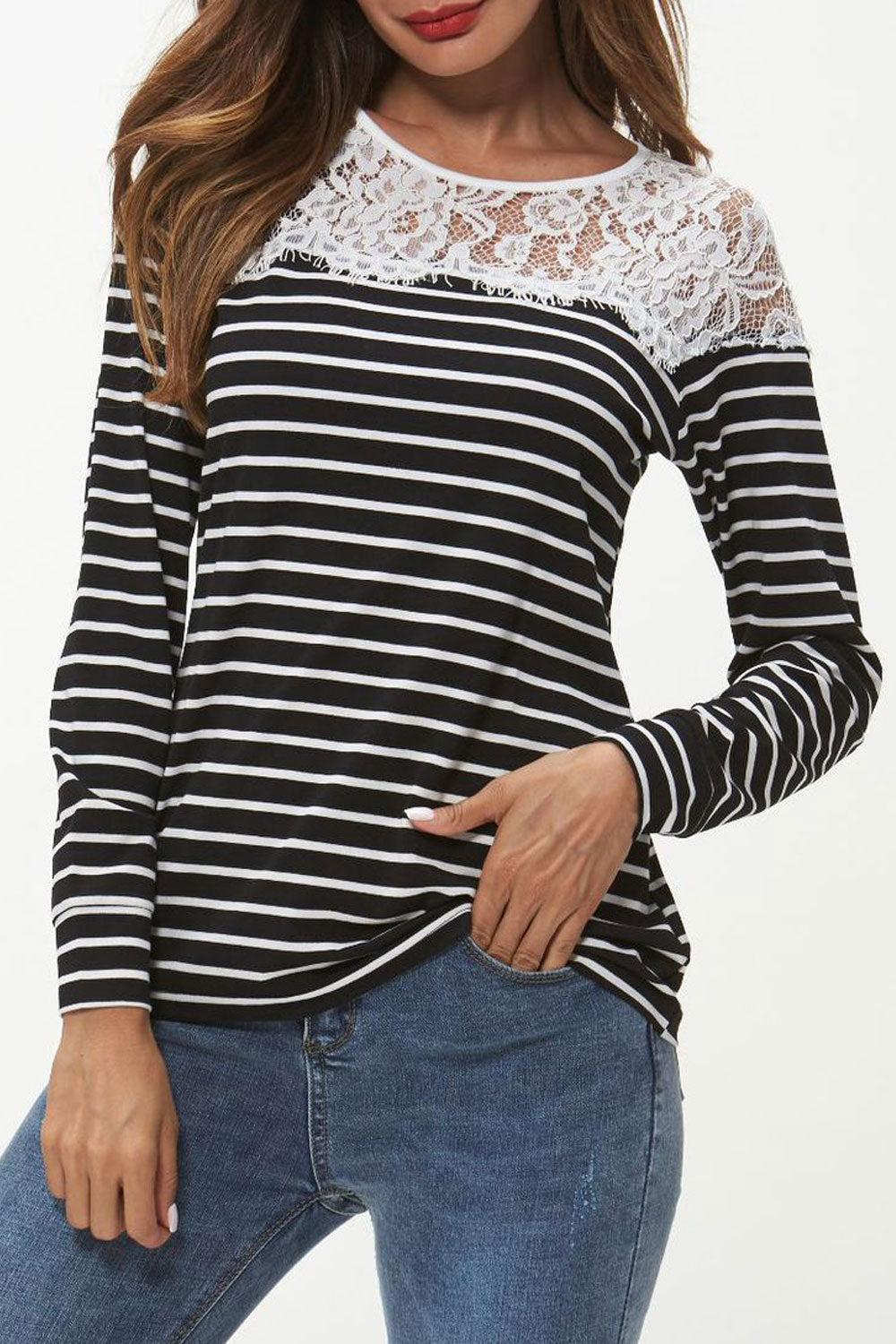 Women Pretty Crochet Lace Striped Casual Shirt