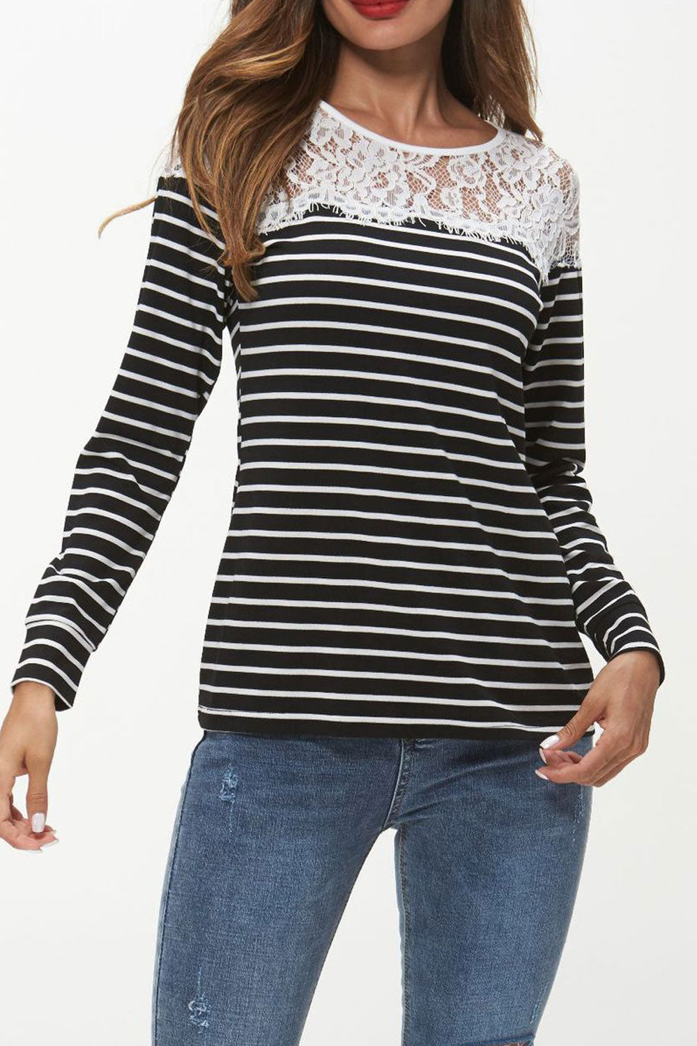 Women Pretty Crochet Lace Striped Casual Shirt