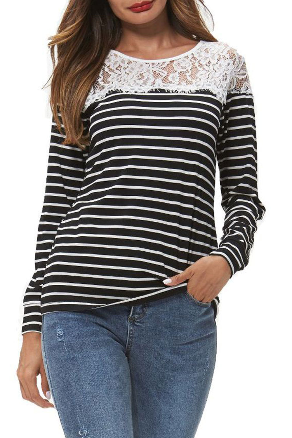 Women Pretty Crochet Lace Striped Casual Shirt