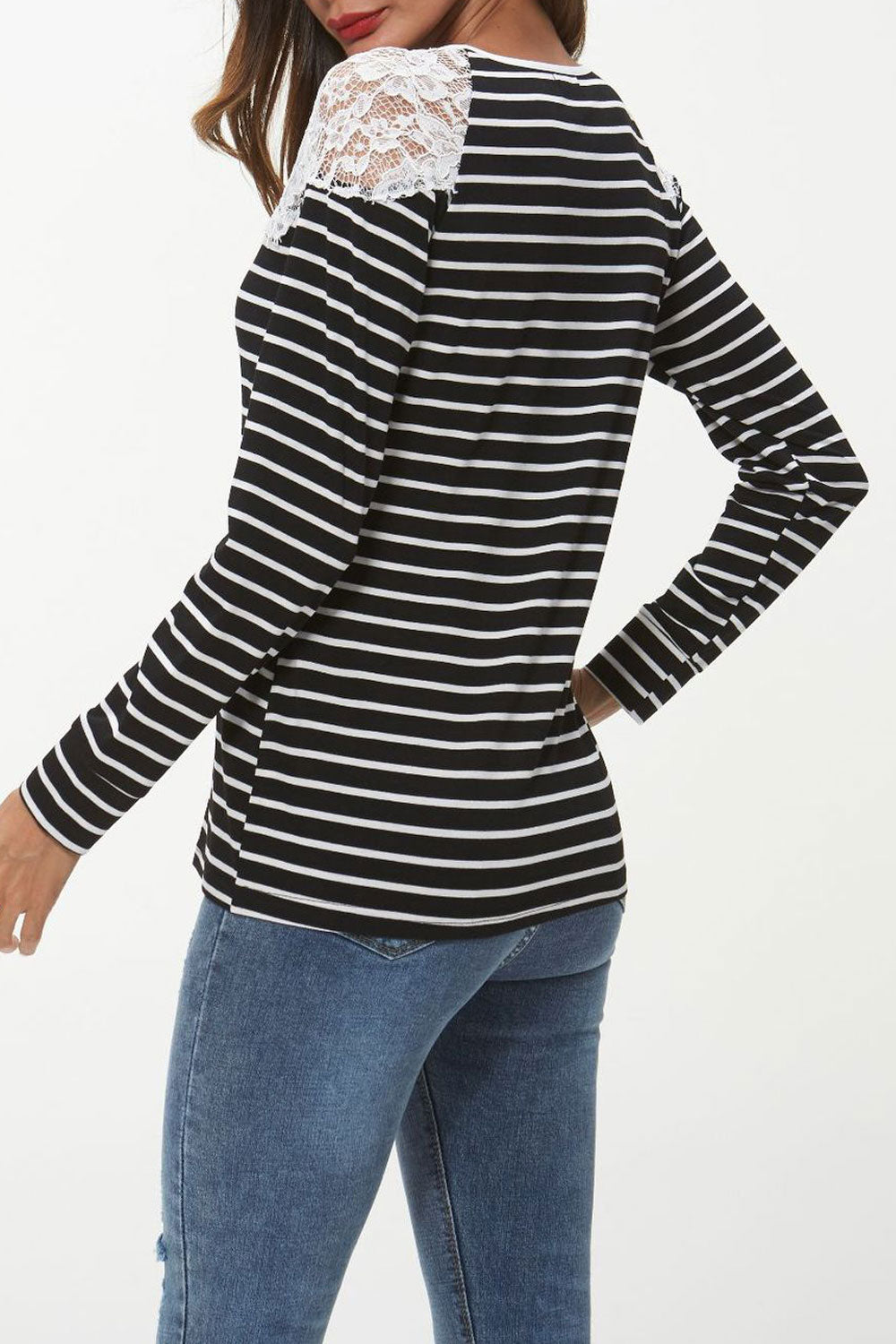 Women Pretty Crochet Lace Striped Casual Shirt