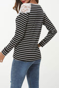 Women Pretty Crochet Lace Striped Casual Shirt