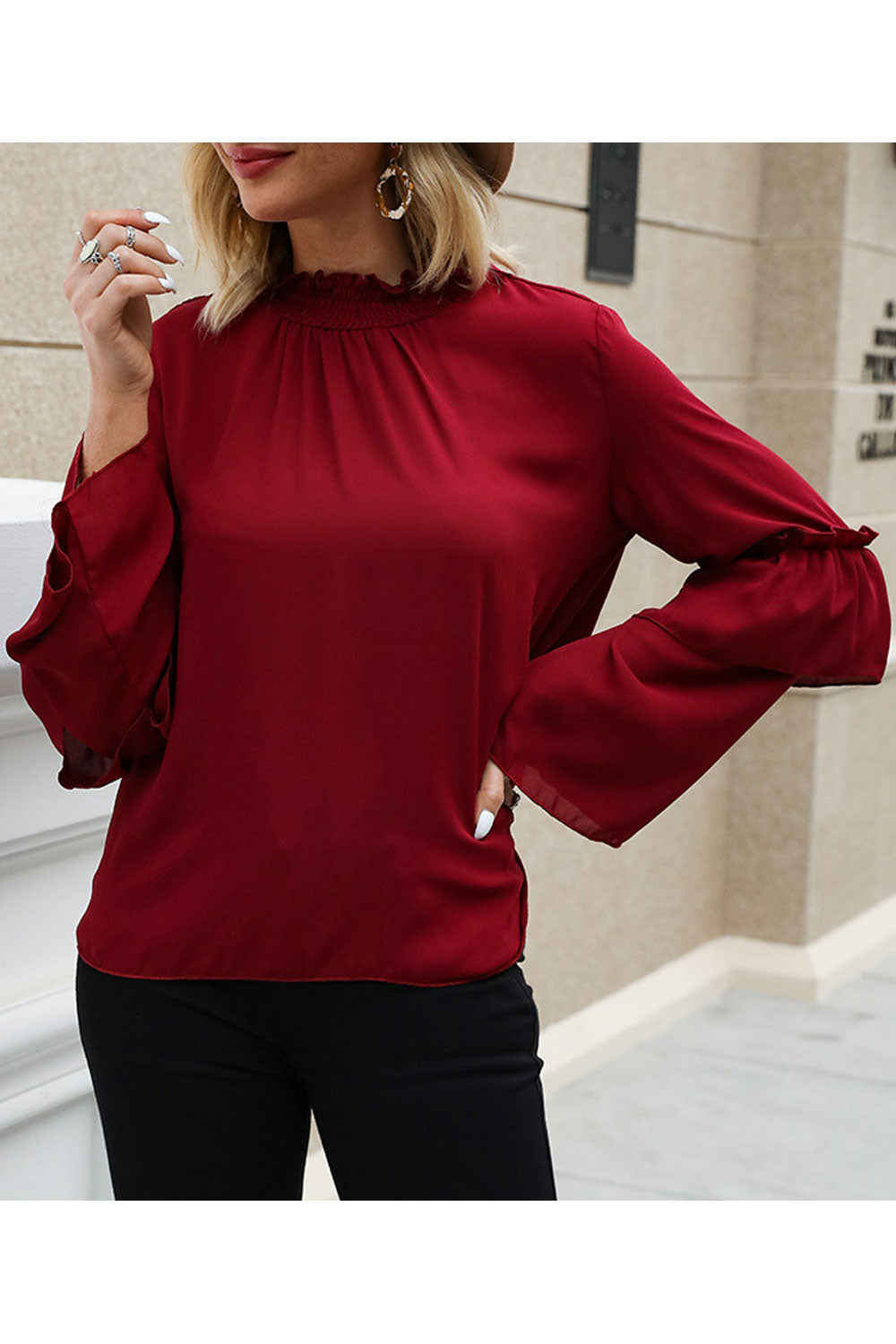 Women High Neck Long Sleeve Relax Fit Casual Shirt