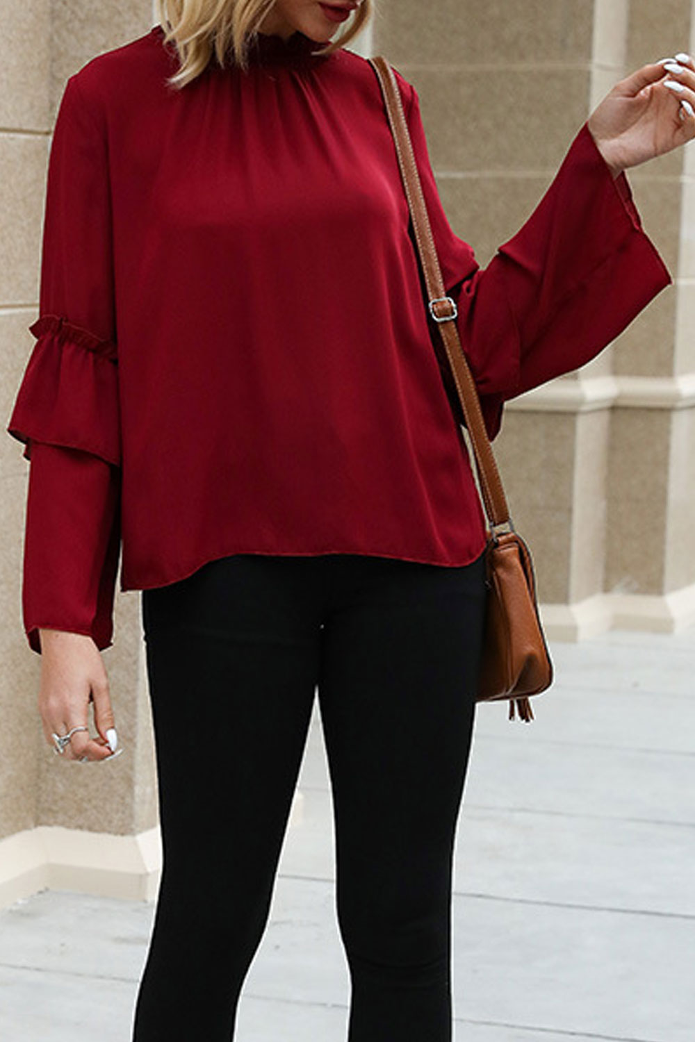 Women High Neck Long Sleeve Relax Fit Casual Shirt