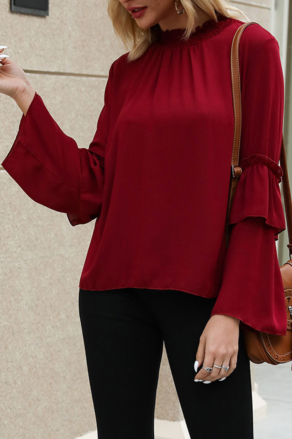 Women High Neck Long Sleeve Relax Fit Casual Shirt