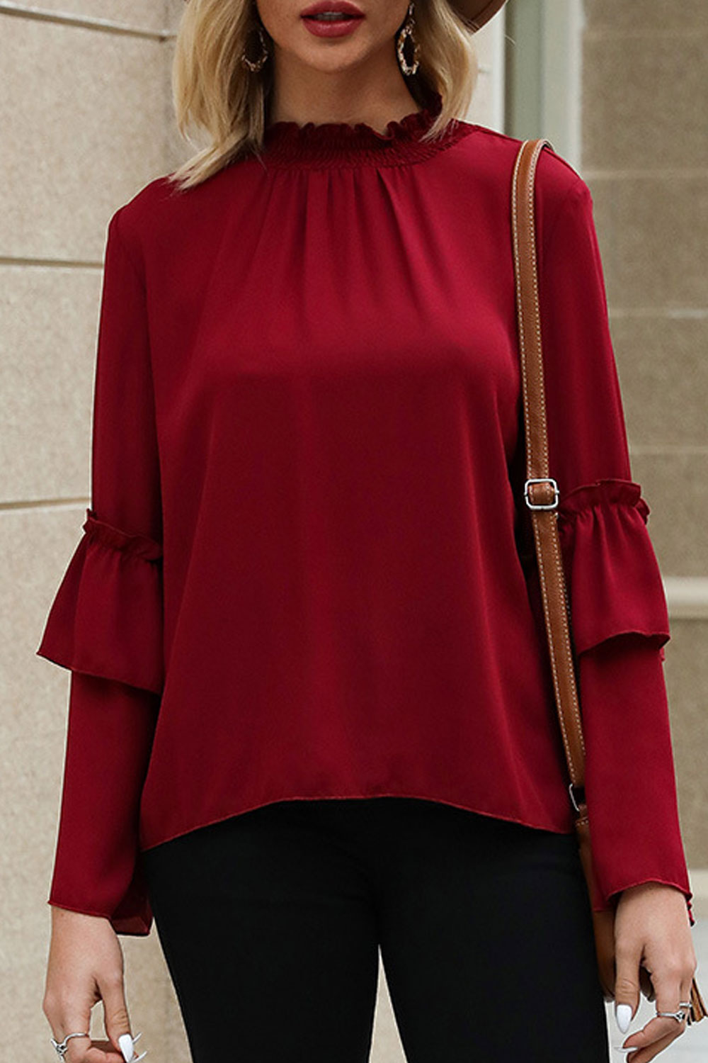 Women High Neck Long Sleeve Relax Fit Casual Shirt