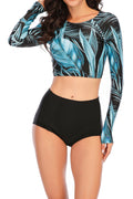Women Splendid Printed Pattern Thin Long Sleeve Easy Round Neck Slim Fit Two-Piece Swimwear