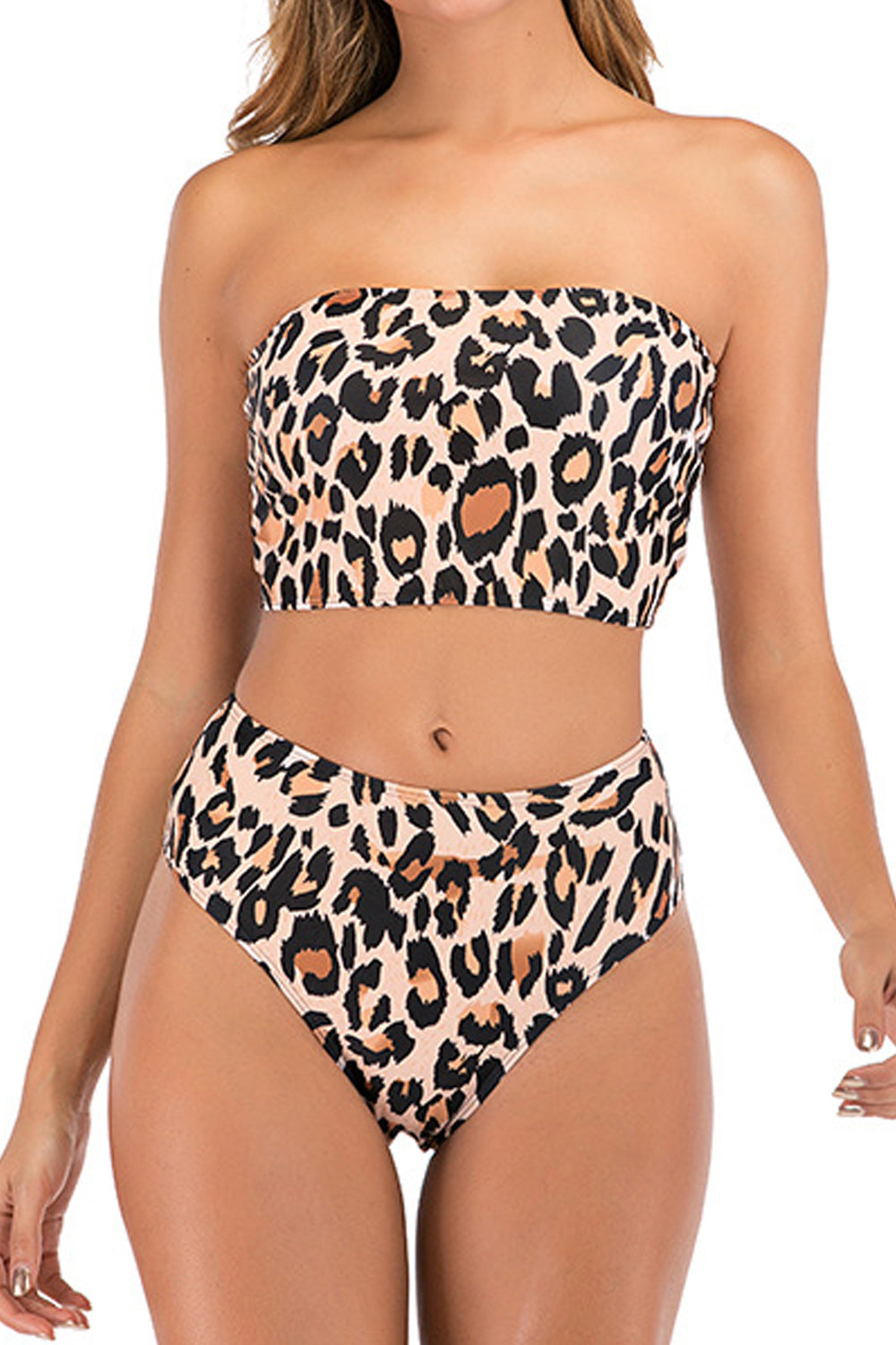 Women High Waist Lovely Leopard Pattern Off-Neck Two-Piece Summer Beach Swimwear
