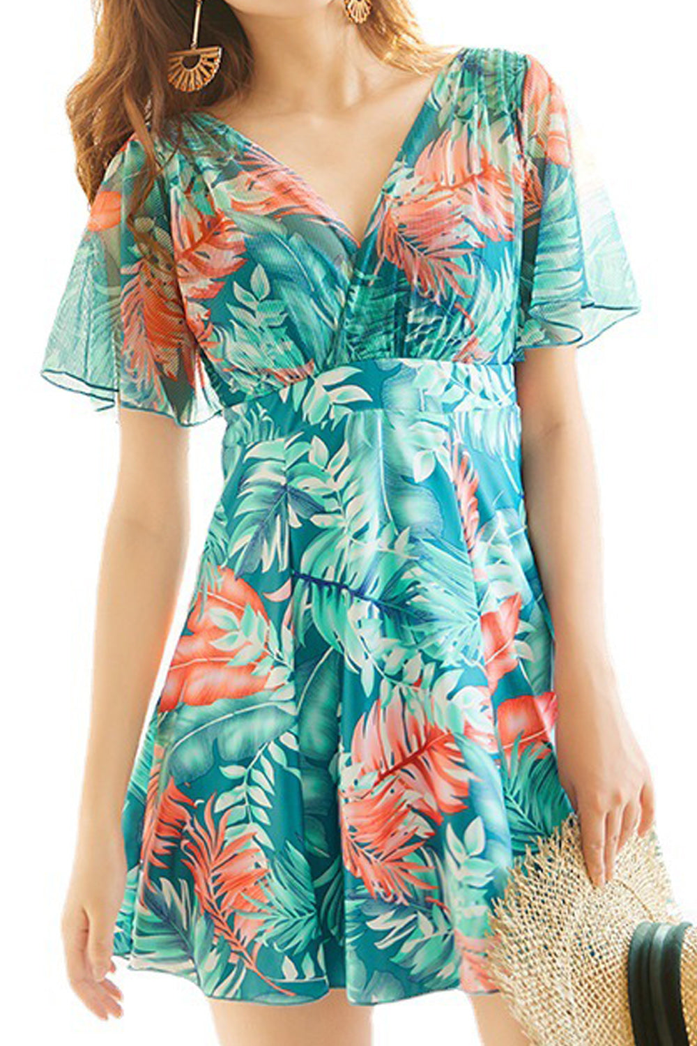 Women Easy V-Neck Flared Short Sleeve Lovely Printed Pattern One-Piece Summer Swimwear
