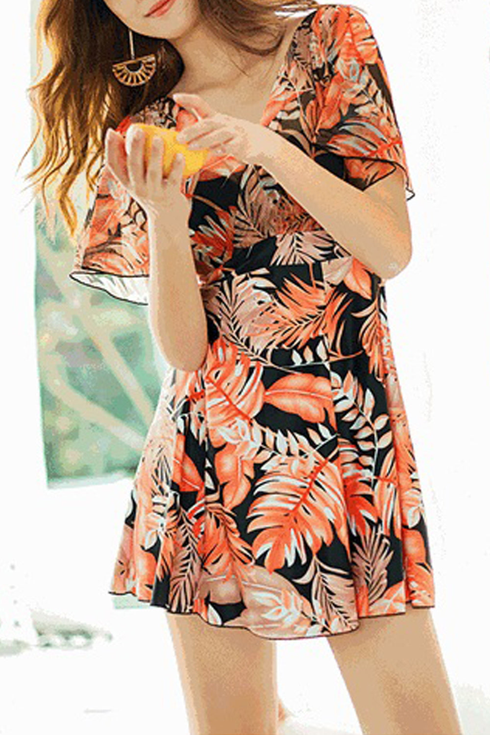 Women Easy V-Neck Flared Short Sleeve Lovely Printed Pattern One-Piece Summer Swimwear