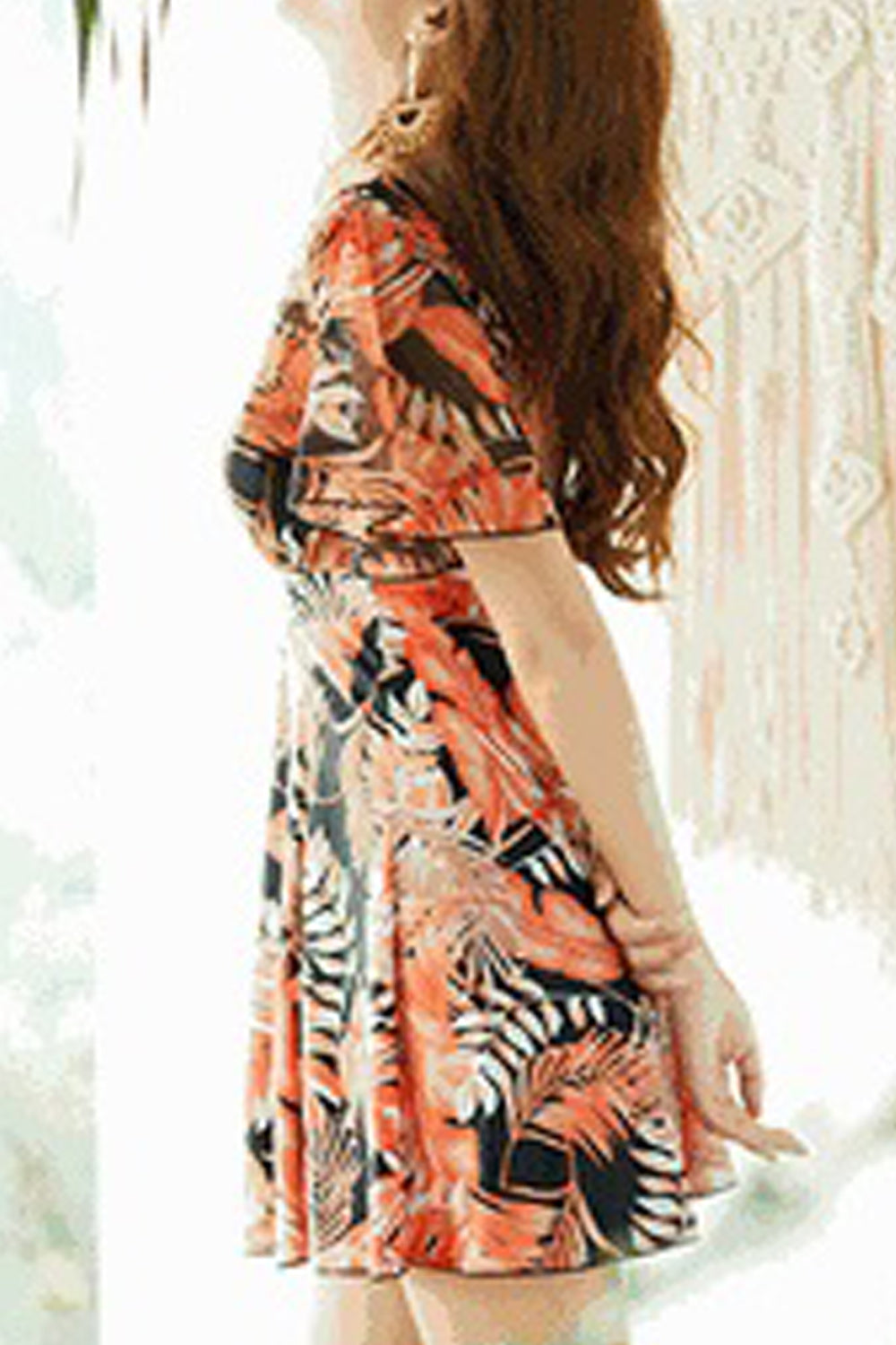 Women Easy V-Neck Flared Short Sleeve Lovely Printed Pattern One-Piece Summer Swimwear