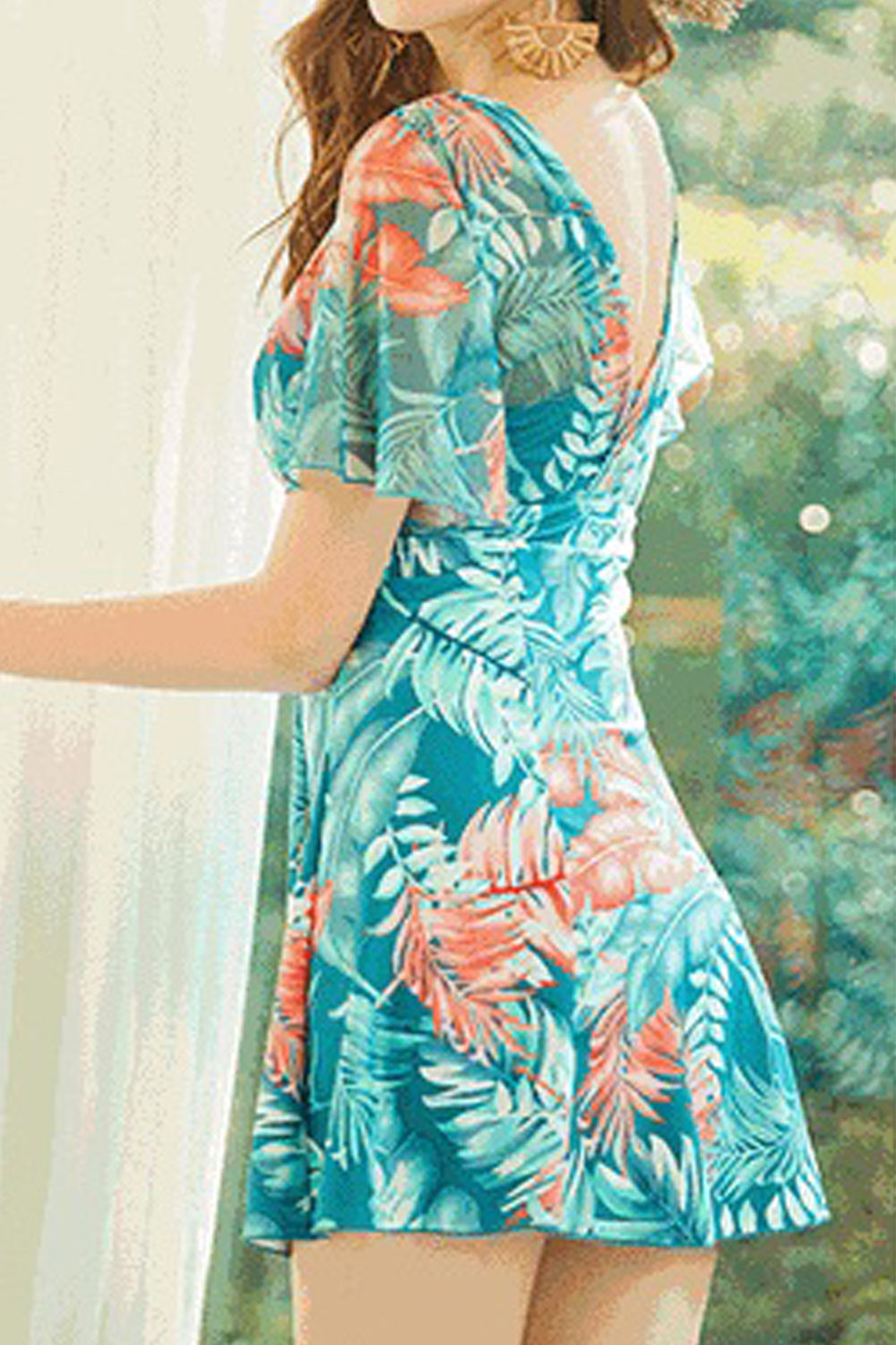 Women Easy V-Neck Flared Short Sleeve Lovely Printed Pattern One-Piece Summer Swimwear