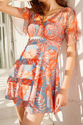 Women Easy V-Neck Flared Short Sleeve Lovely Printed Pattern One-Piece Summer Swimwear