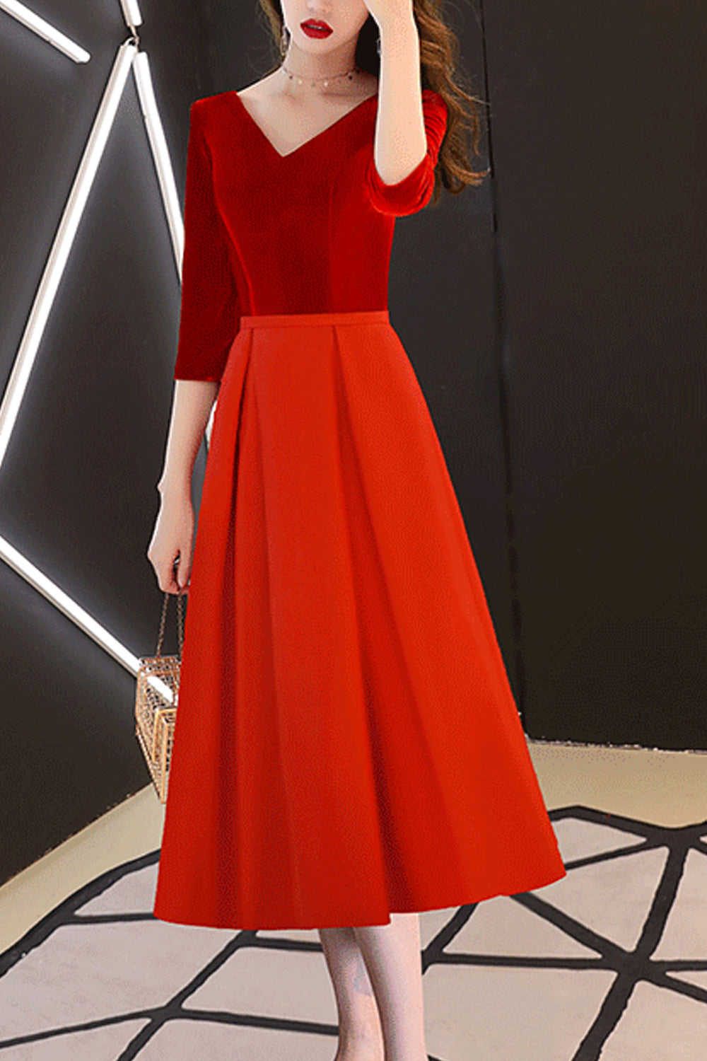 Women Classy V-Neck Style Long Sleeve Solid Colored Flexible Evening Dress