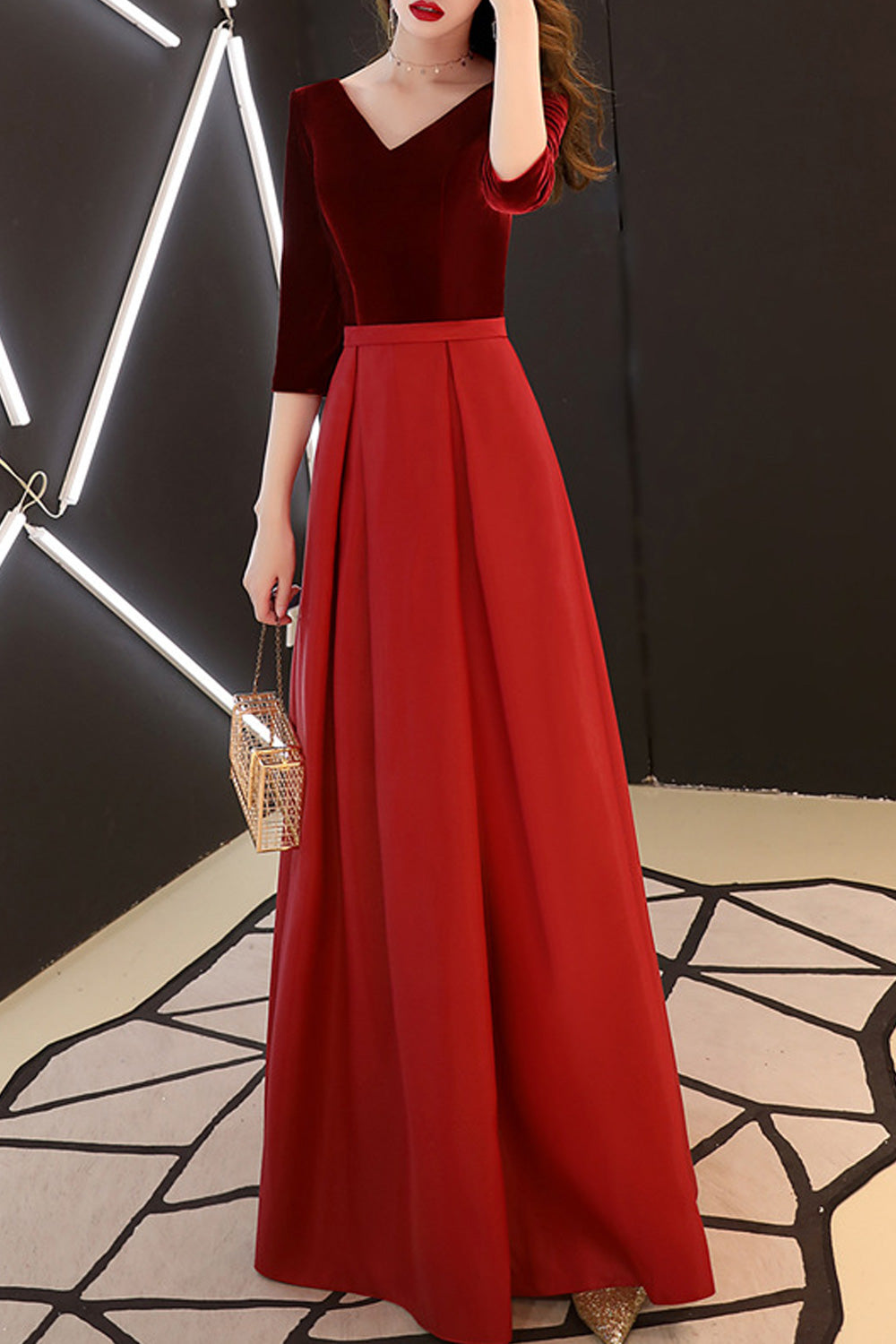Women Classy V-Neck Style Long Sleeve Solid Colored Flexible Evening Dress