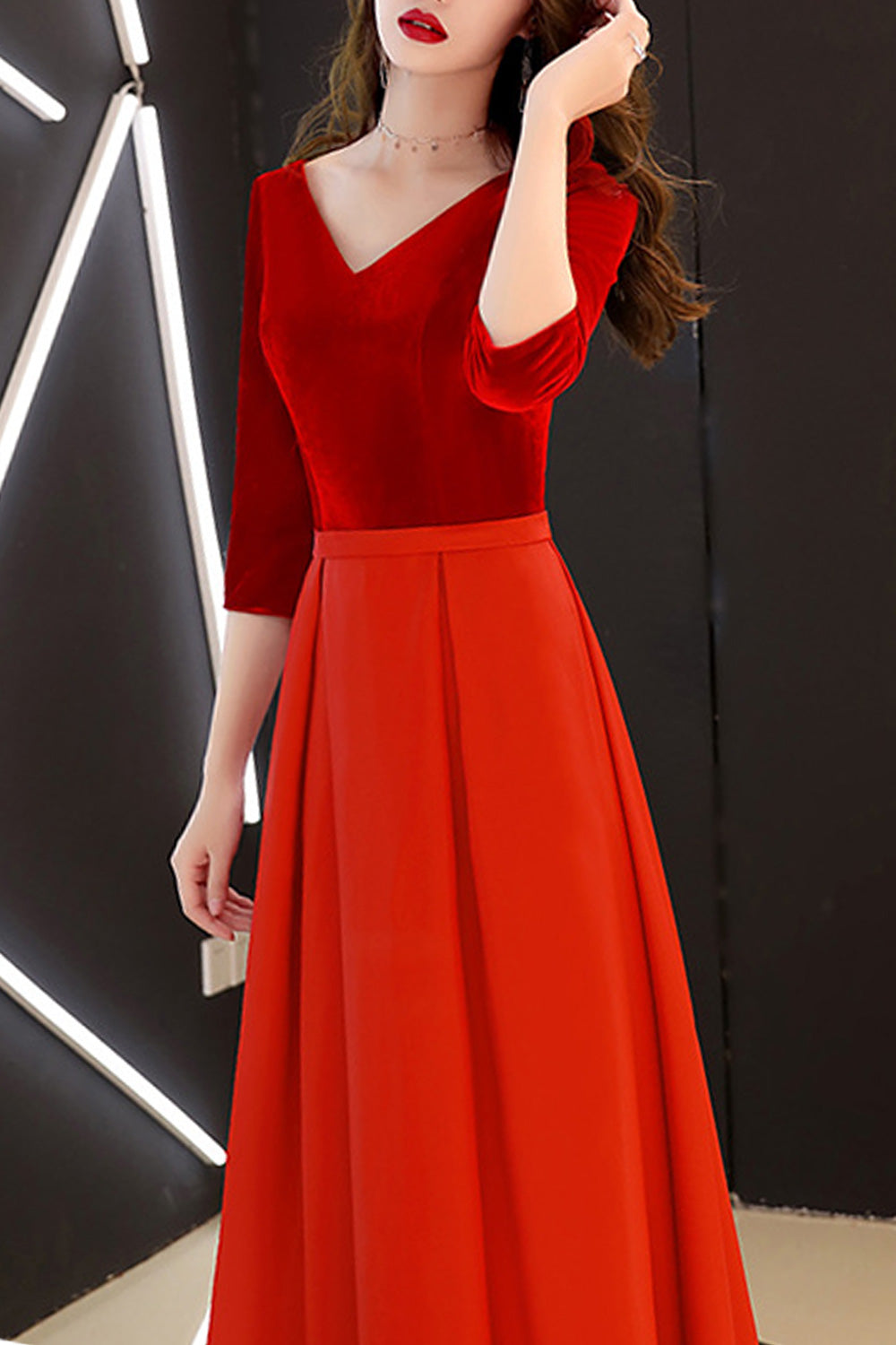 Women Classy V-Neck Style Long Sleeve Solid Colored Flexible Evening Dress