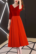 Women Classy V-Neck Style Long Sleeve Solid Colored Flexible Evening Dress
