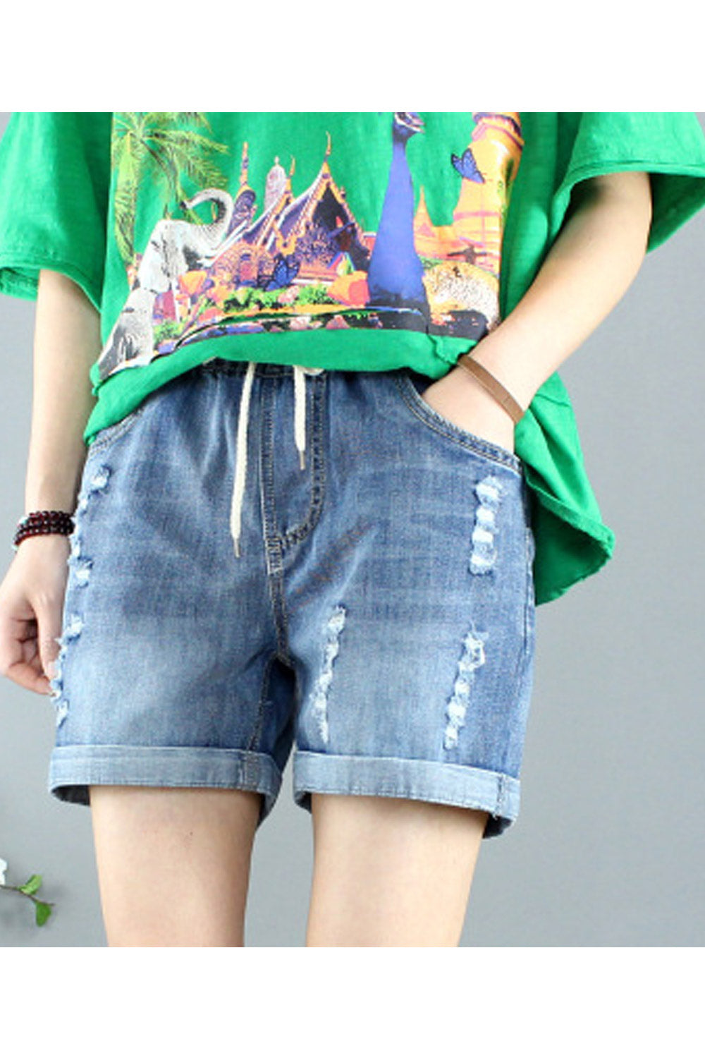 Women Casual Elasticated Waist Tremendous Summer Embroidered Denim Short