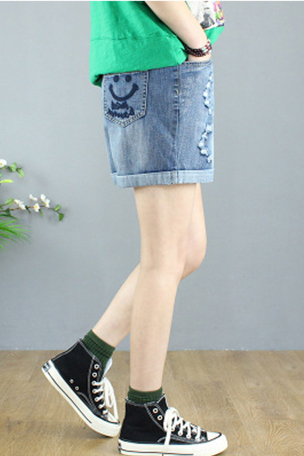 Women Casual Elasticated Waist Tremendous Summer Embroidered Denim Short