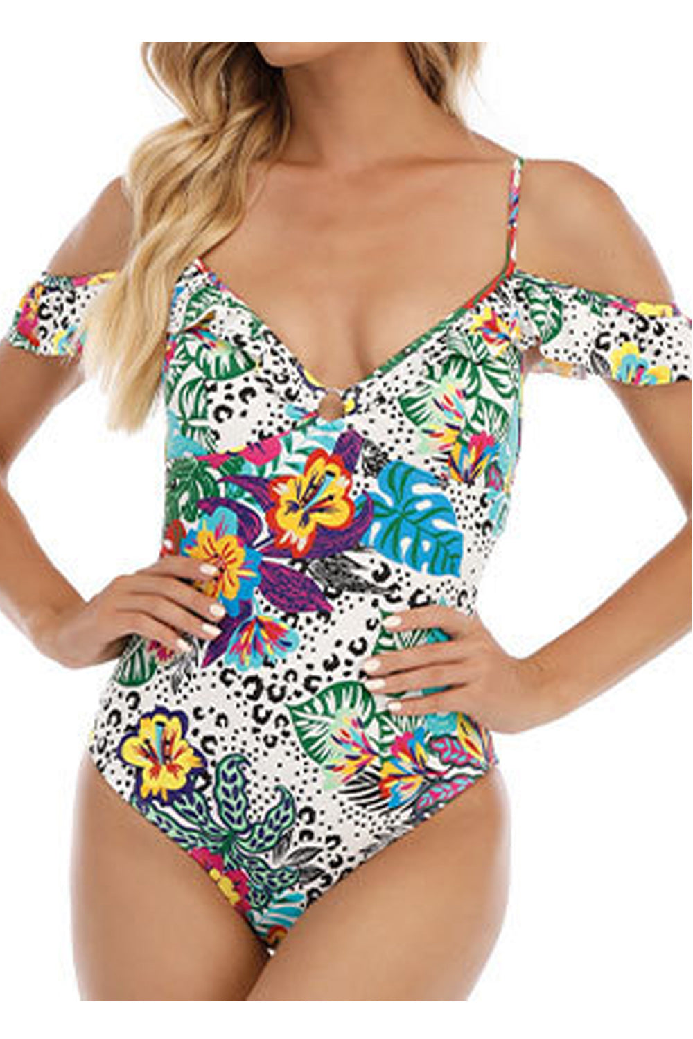 Women Trendy Printed Pattern Easy Cut Out Straped Shoulder One-Piece Slim Fit Swimwear
