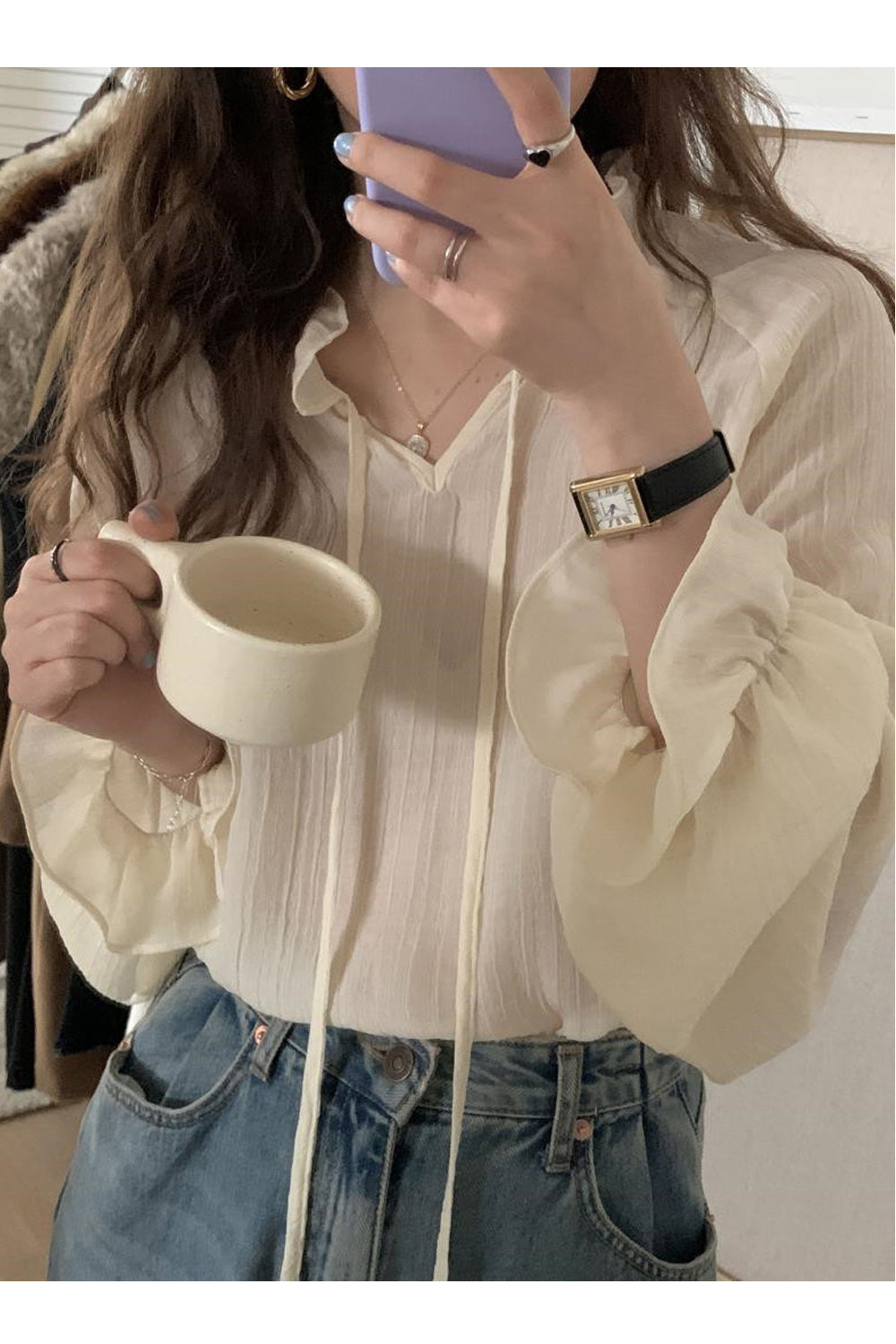 Women Thin Long Sleeve Lovely Solid Colored Loose Chiffon Top