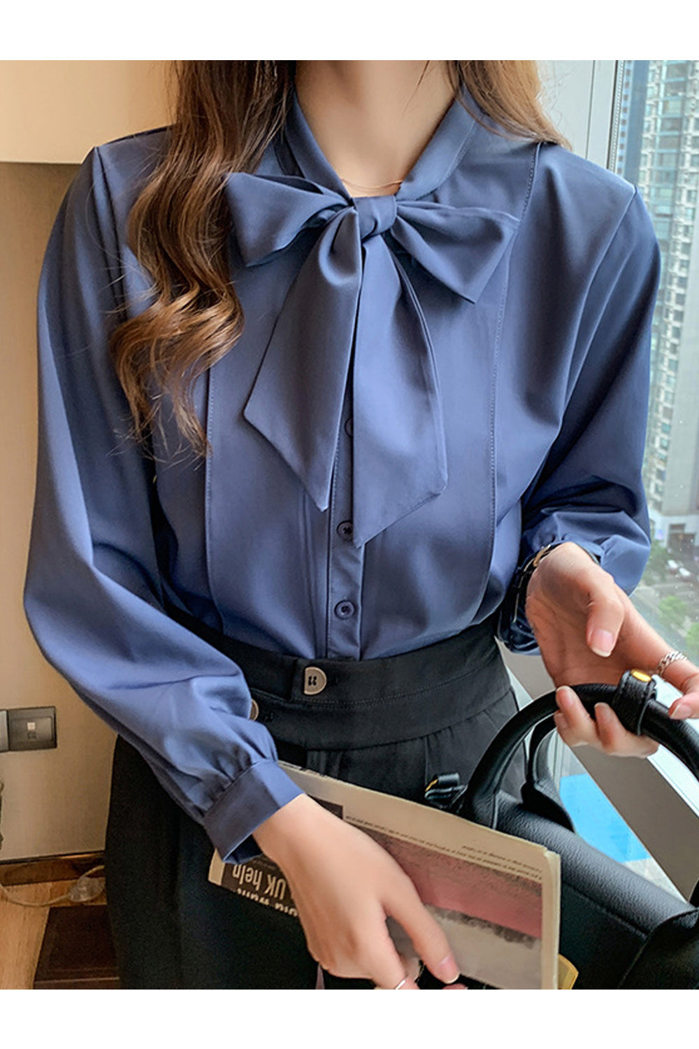 Women Tie Neck Long Sleeve Button Down Shirt