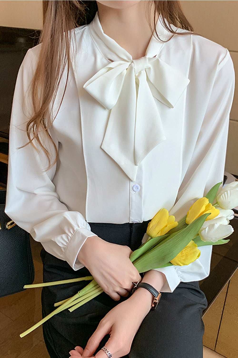 Women Tie Neck Long Sleeve Button Down Shirt