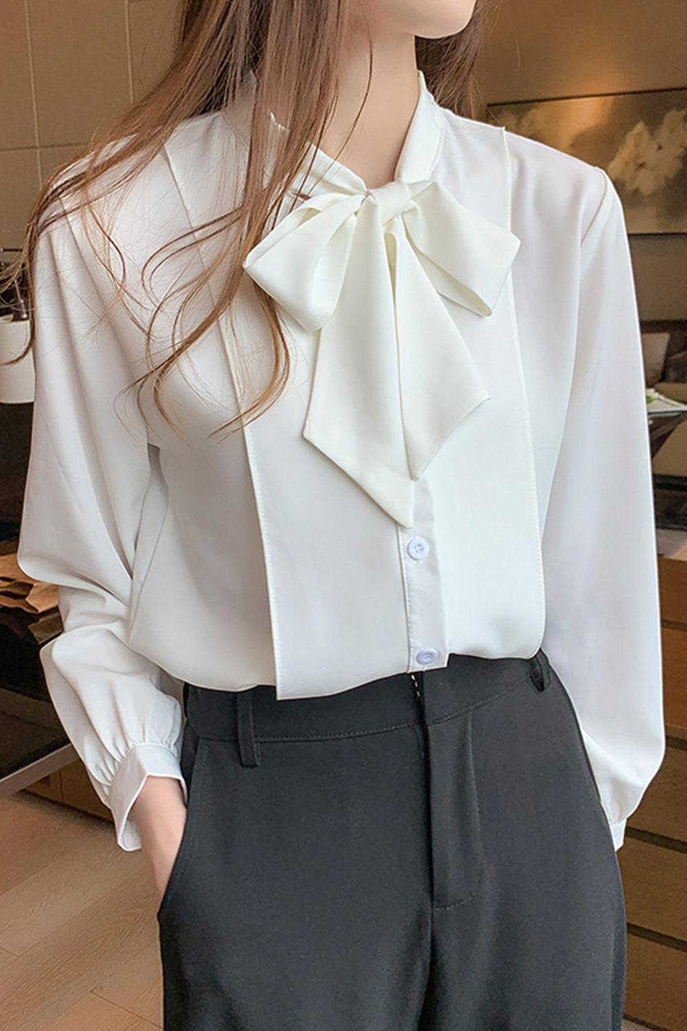 Women Tie Neck Long Sleeve Button Down Shirt