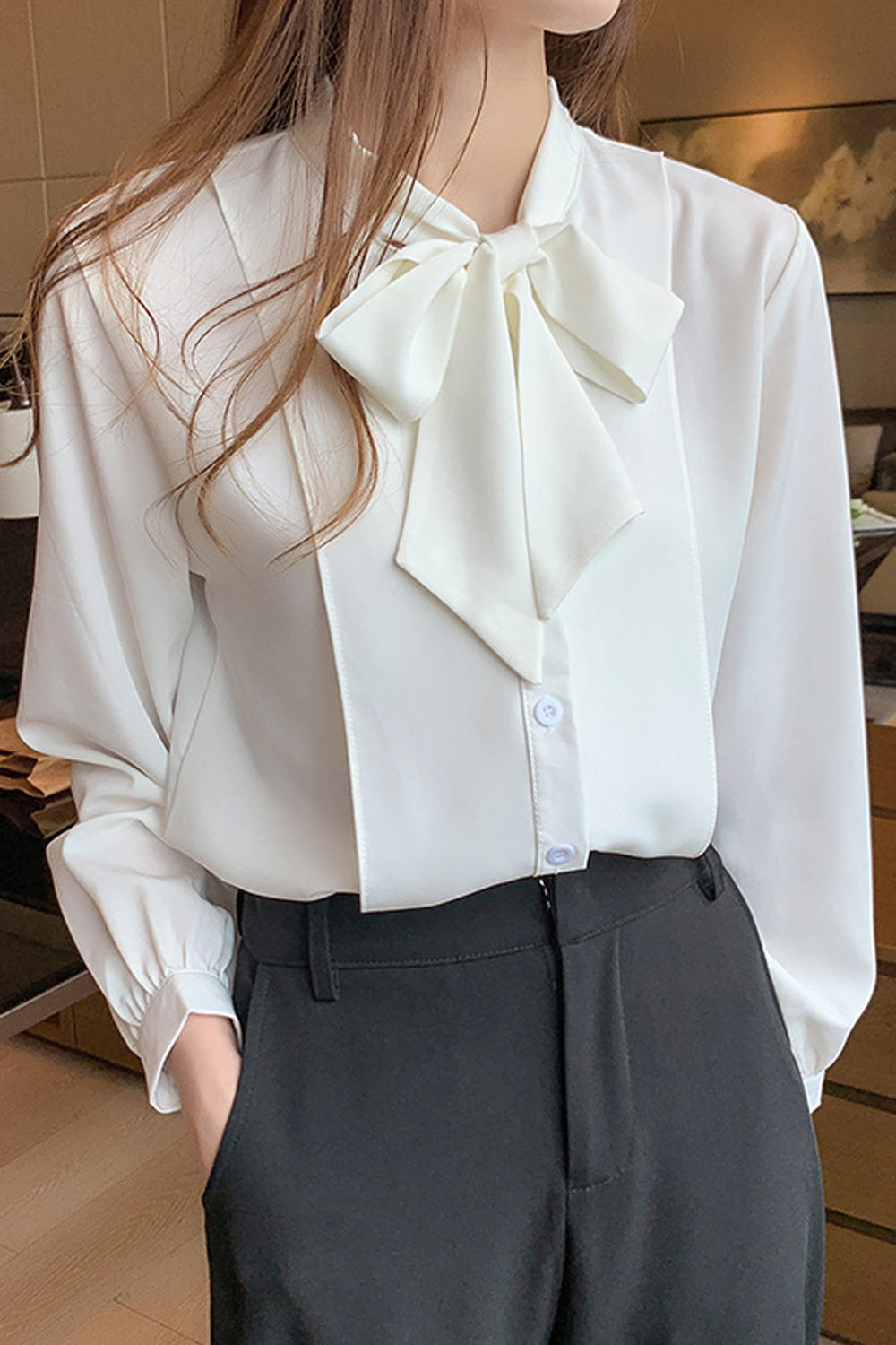 Women Tie Neck Long Sleeve Button Down Shirt