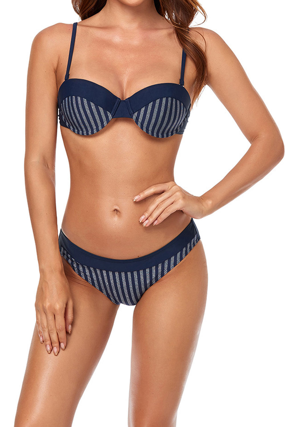 Women Trendy Striped Pattern Restful Straped Neck Slim Fit Two-Piece Summer ZBSWimwear