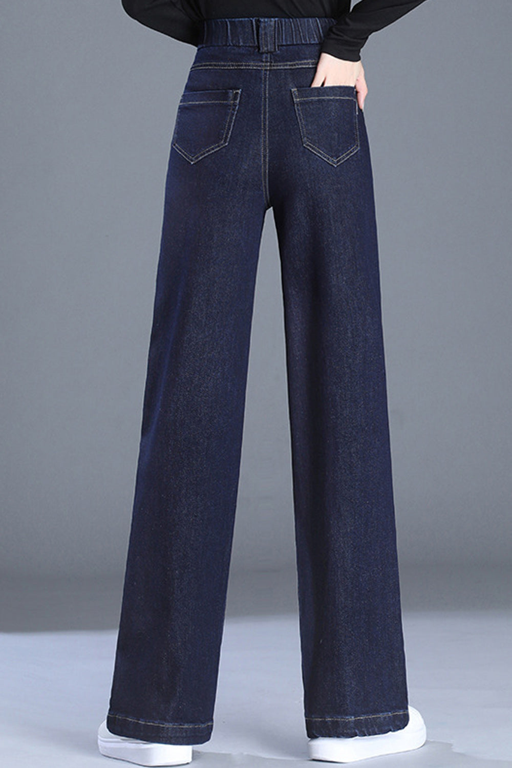 Women Wide Legs Solid Colored Autumn Season Superb High Waist Denim Jeans