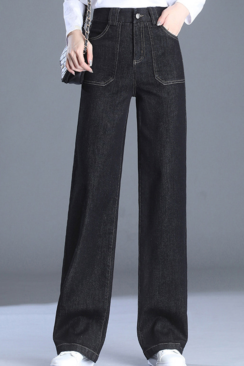 Women Wide Legs Solid Colored Autumn Season Superb High Waist Denim Jeans