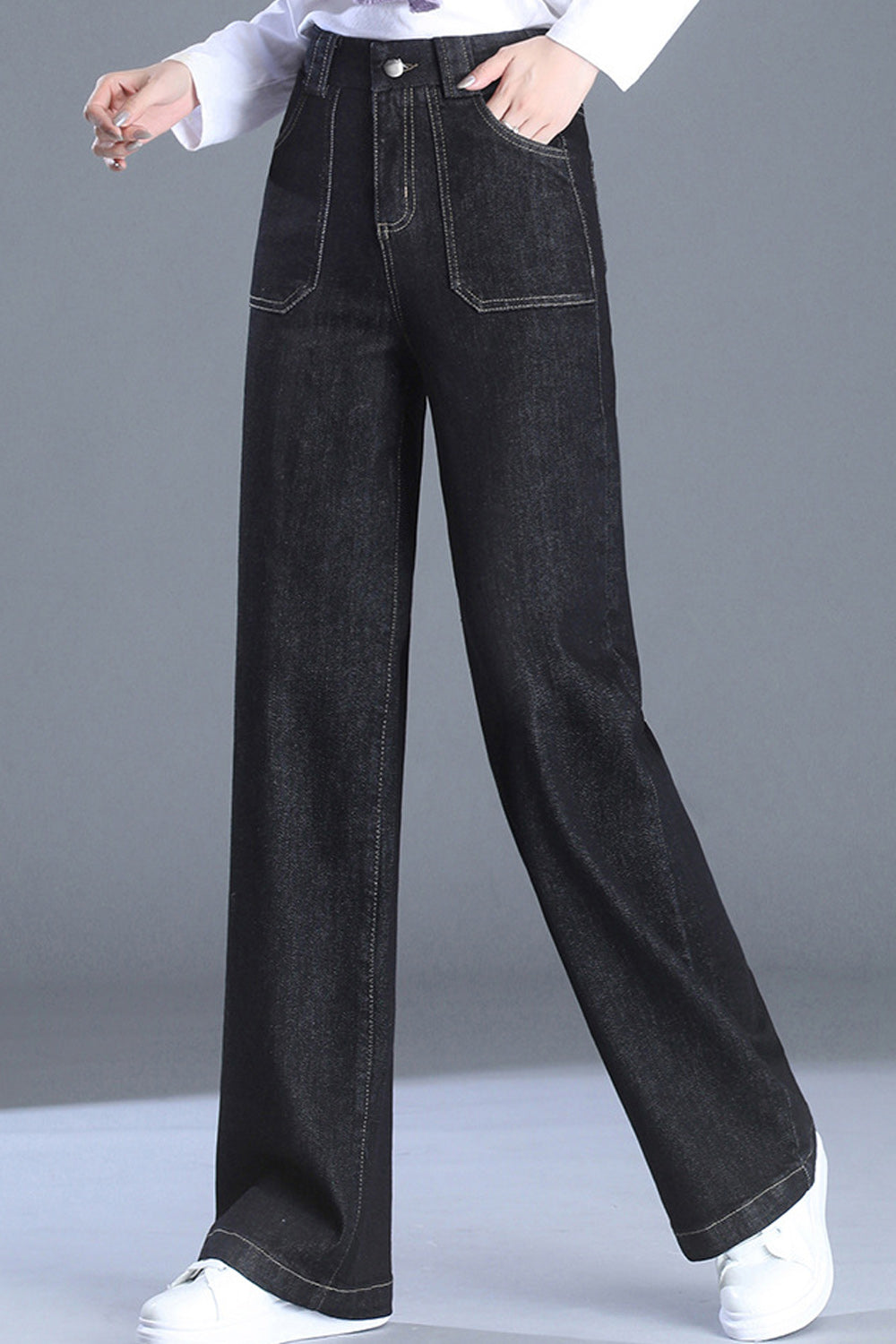 Women Wide Legs Solid Colored Autumn Season Superb High Waist Denim Jeans