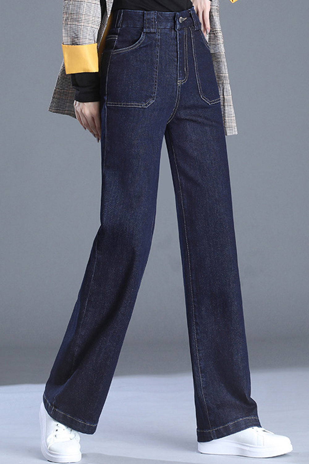 Women Wide Legs Solid Colored Autumn Season Superb High Waist Denim Jeans