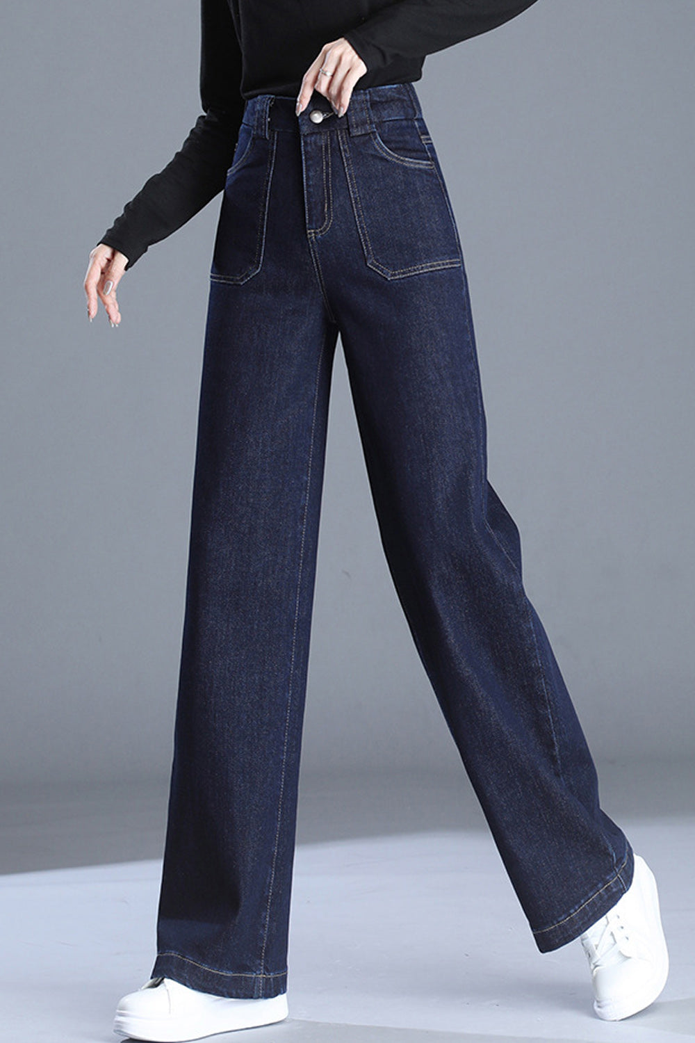 Women Wide Legs Solid Colored Autumn Season Superb High Waist Denim Jeans