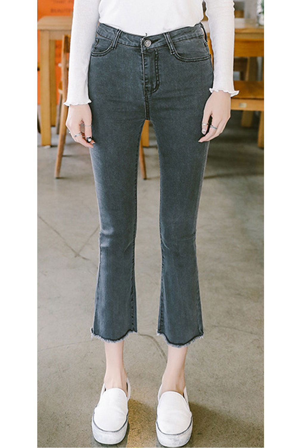 Women Flared Style Solid Pattern Ventilated Fashionable Soft Denim Jeans