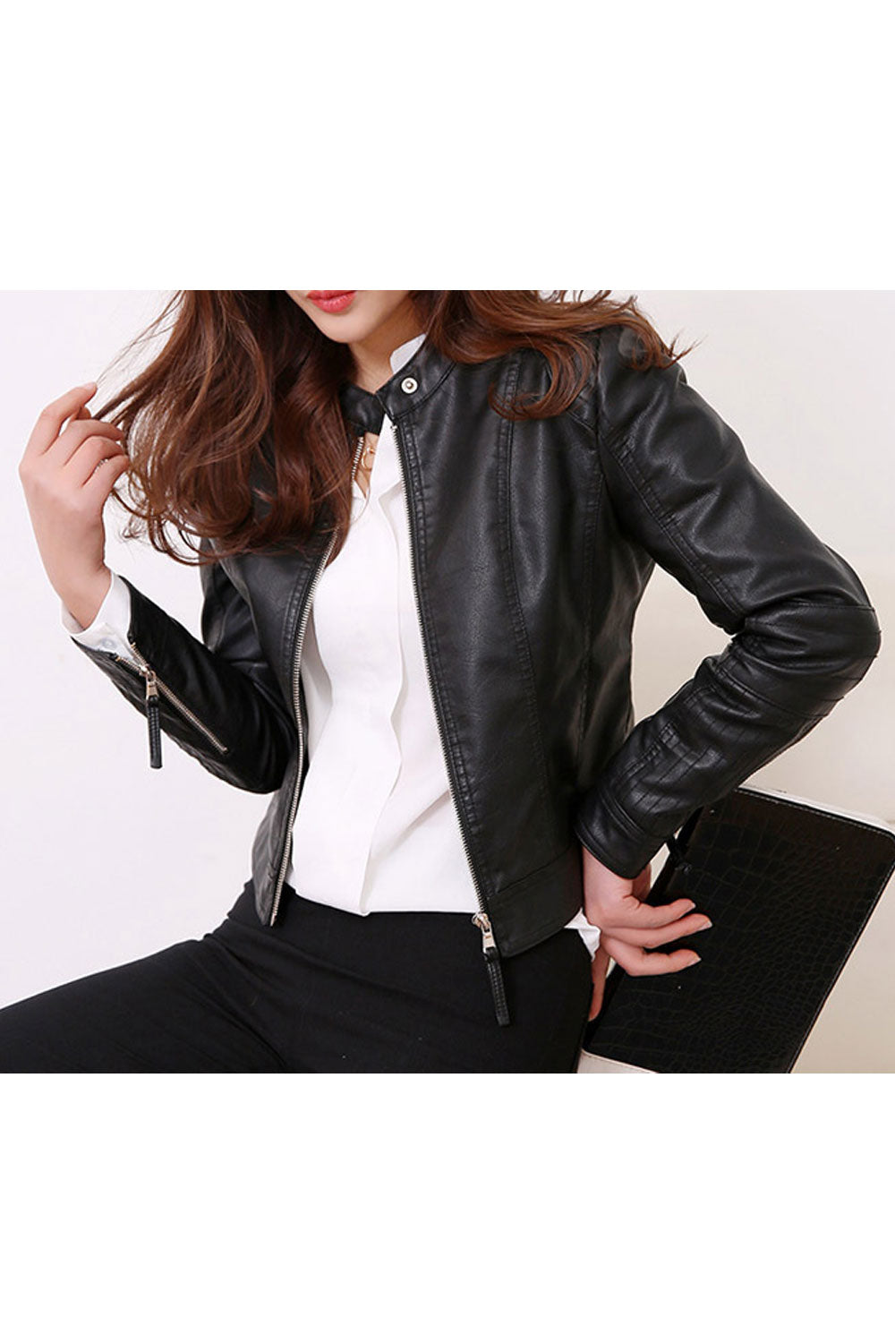 Women Relaxed Fit Thick Long Sleeve Restful Collar Neck Zipper Closure Elegent Solid Colored PU Leather Jacket