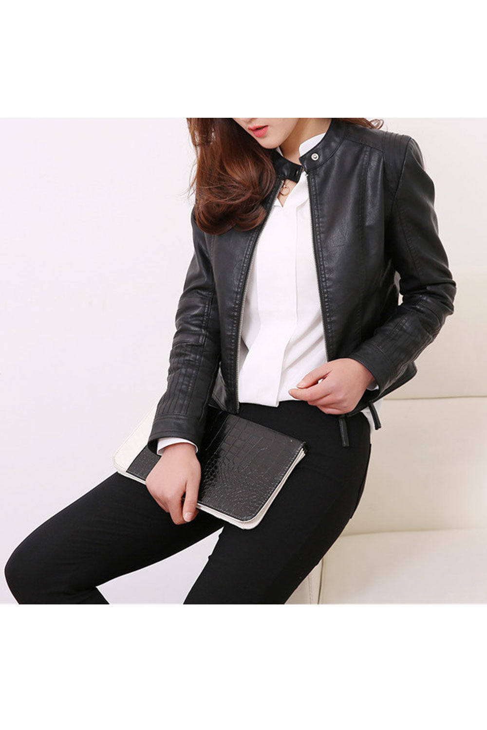 Women Relaxed Fit Thick Long Sleeve Restful Collar Neck Zipper Closure Elegent Solid Colored PU Leather Jacket