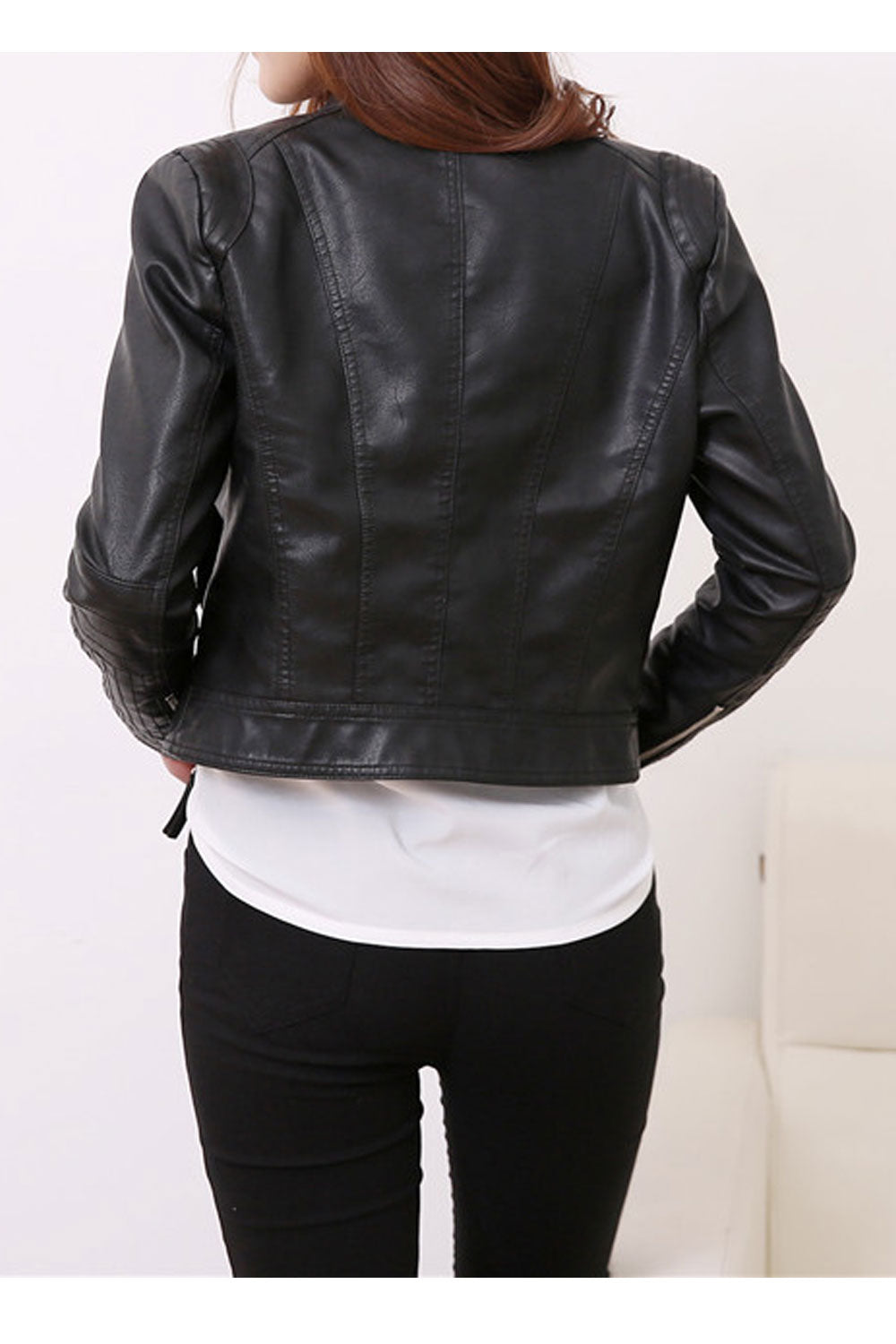 Women Relaxed Fit Thick Long Sleeve Restful Collar Neck Zipper Closure Elegent Solid Colored PU Leather Jacket