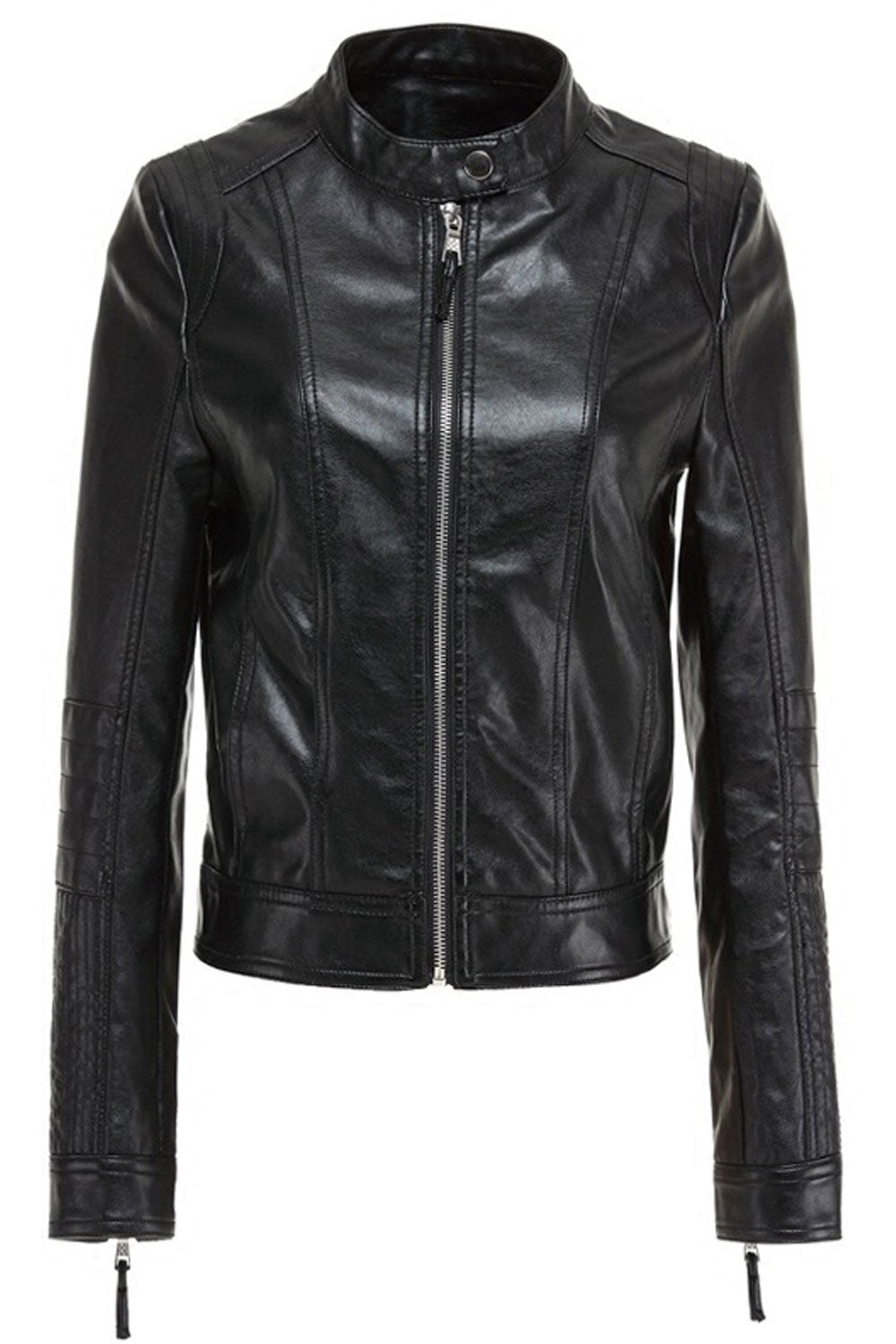 Women Relaxed Fit Thick Long Sleeve Restful Collar Neck Zipper Closure Elegent Solid Colored PU Leather Jacket