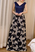 Women V-Neck Style Flower Embroidered Elegant Evening Dress