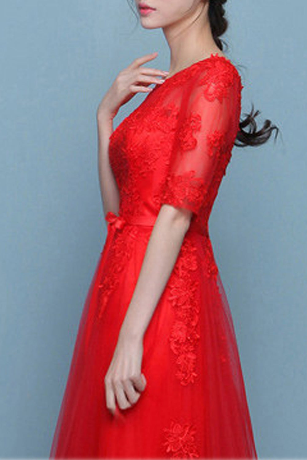 Women Lace Round Neck Half Sleeve Bow Knotted Wedding Dress
