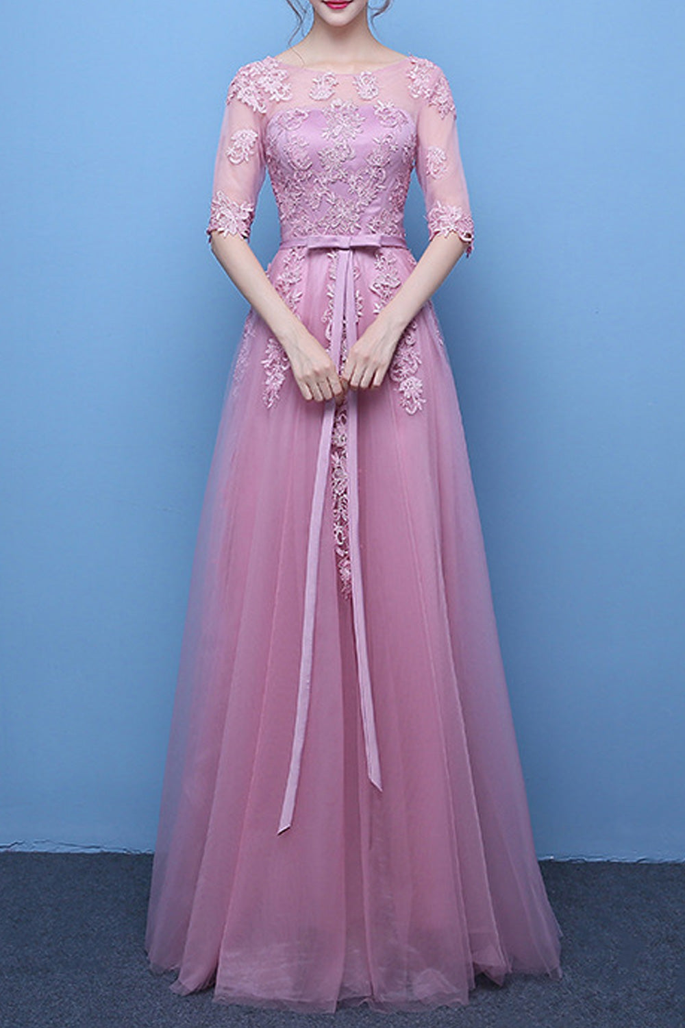 Women Lace Round Neck Half Sleeve Bow Knotted Wedding Dress