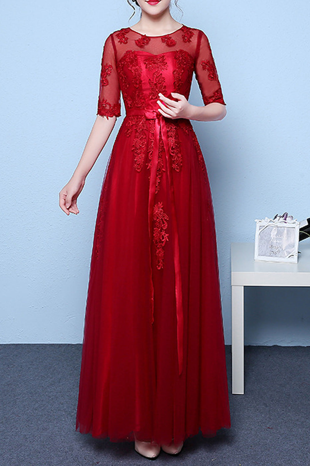 Women Lace Round Neck Half Sleeve Bow Knotted Wedding Dress